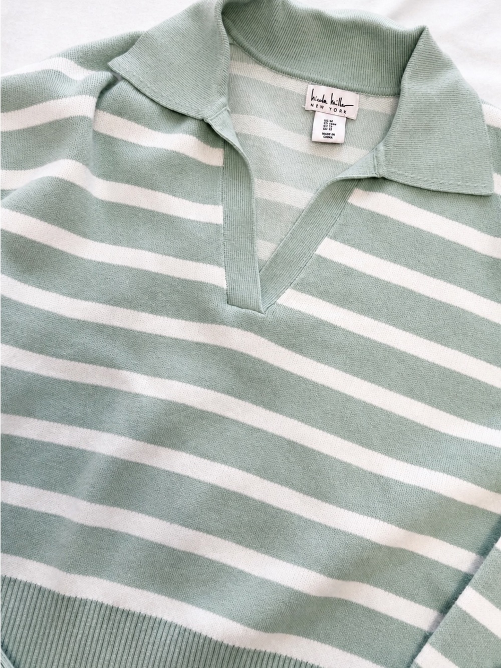 Nicole Miller Mint & White Striped Polo V-Neck Sweater